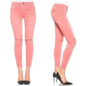 Joe’s Jeans Finn Skinny Ankle Jeans w/ Torn Knees & Fringed Hem, Dahlia Pink, 30